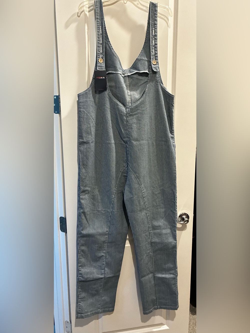 Hisea blue/white striped lightweight  Denim Overalls Adjustable Straps Large